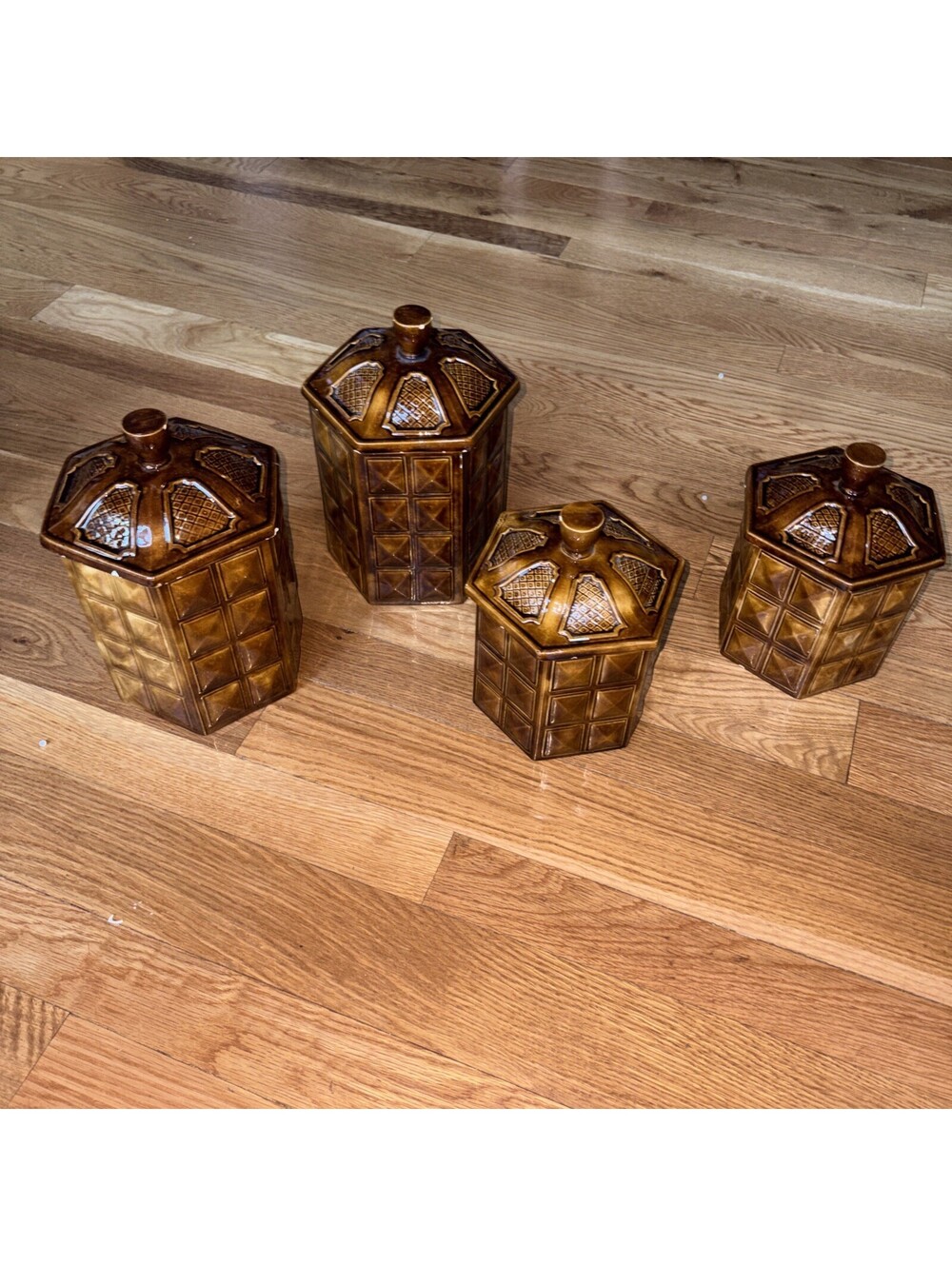 4 Vintage Ceramic Canister Set Brown Wood Panel 1970โs Containers